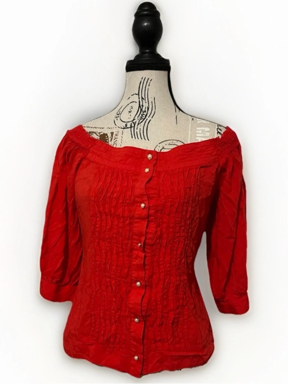 La Festa Brand Womens Small Red Off The Shoulder Smocked Blouse Pearl Button Top